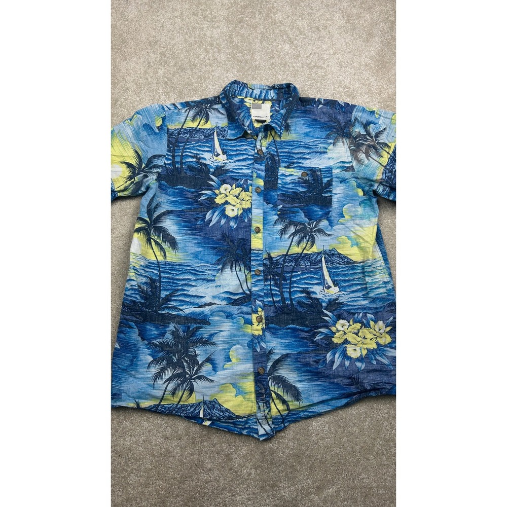 O'Neill Men's Hawaiian Shirt M Blue Tropical Island Cotton Aloha Surf